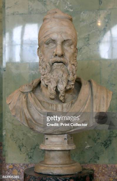 Roman bust of a Dacian tarabostes , early 2nd century. A fragment of a monumental statue of a Dacian prisoner from Trajan's Forum in Rome. Dacia,...
