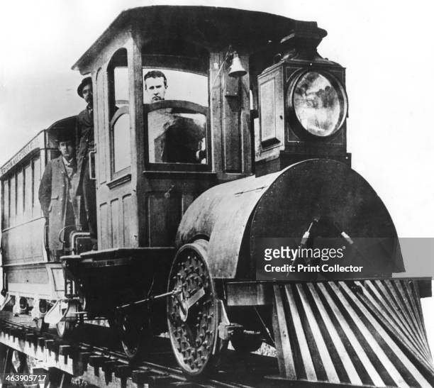 American inventor Thomas Alva Edison on board an electric railroad, 1892. Edison constructed a three-mile-long trial electric railroad at his Menlo...