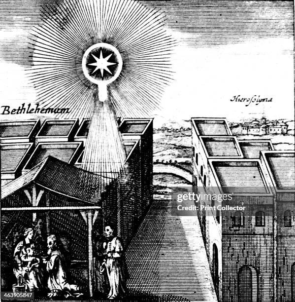 Magi presenting gifts to the infant Jesus, 1666. Overhead is the star said to have led them to Bethlehem. From Stanislaus de Lubienietski, Historia...