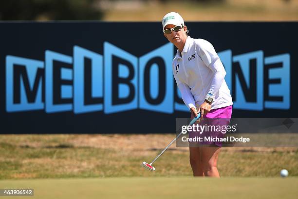 Karrie Webb of Australia putts on the 1st hole during day two of the LPGA Australian Open at Royal Melbourne Golf Course on February 20, 2015 in...