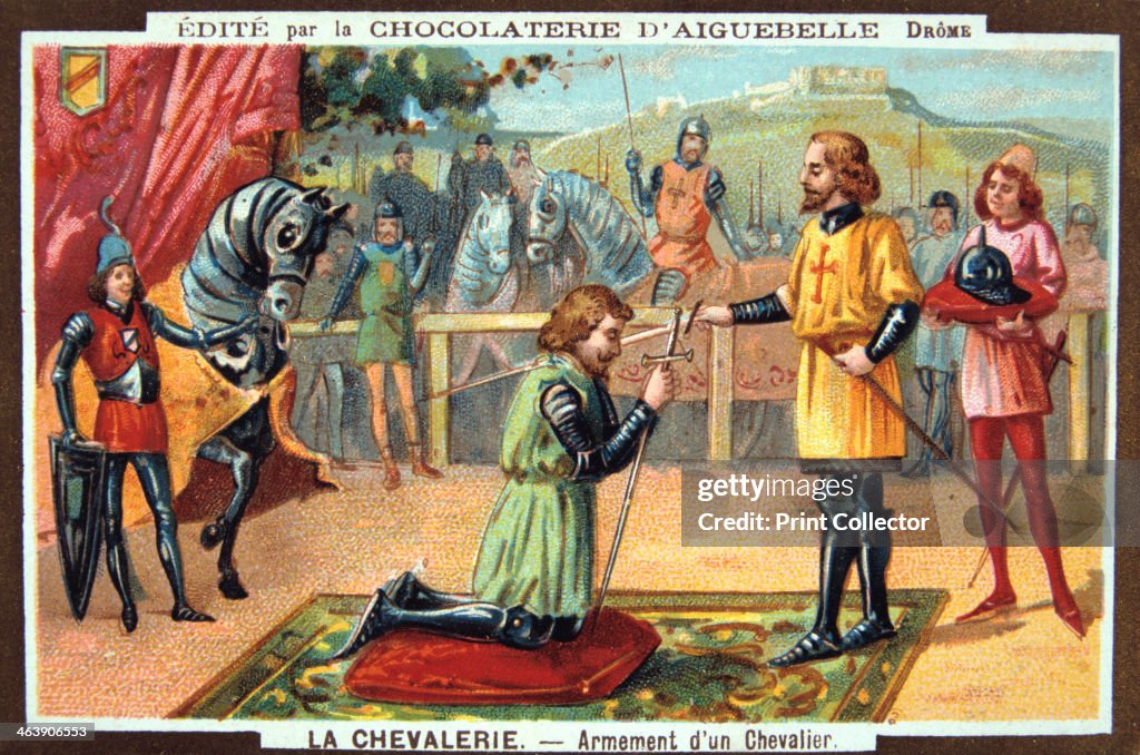 The Knights - Knighting a Knight, Middle Ages. 19th Century. Colour Lithograph. Private collection.