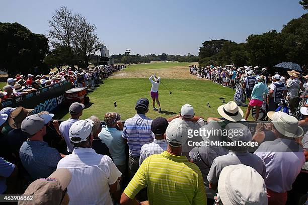 Karrie Webb of Australia tees off on the 1st hole during day two of the LPGA Australian Open at Royal Melbourne Golf Course on February 20, 2015 in...
