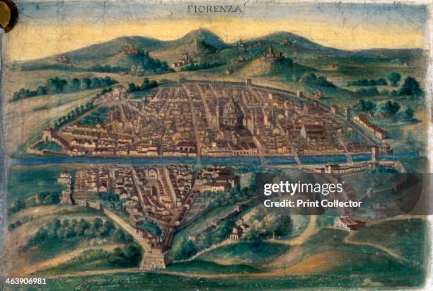 Map of Florence, 15th century. Pictorial Italian map showing the layout of the city. From the Gallery of Maps, Vatican Museum, Rome.