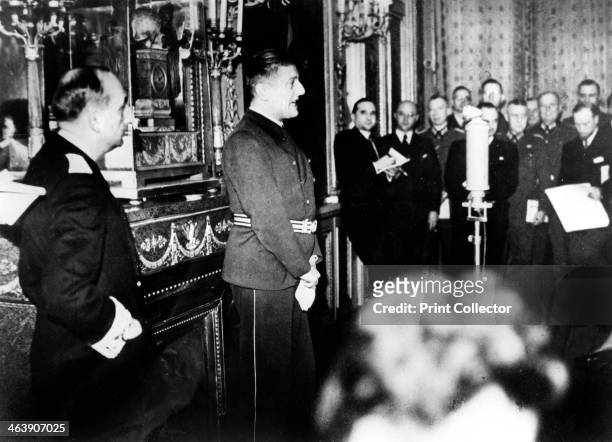 German Ambassador to Vichy France, Otto Abetz, delivering a press conference, 15 December 1940. He is speaking on the subject of the transfer of the...
