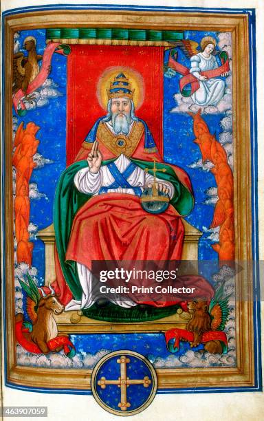 God the Father, 1545. God enthroned, hand raised in blessing. At the corners are the symbols of the four Evangelists: the Angel of St Matthew, the...