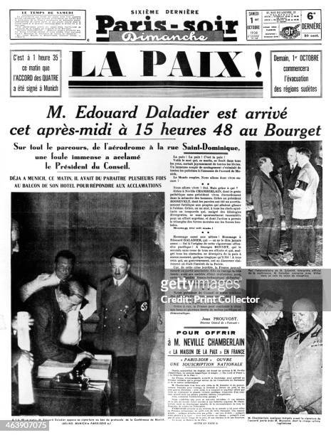Peace!, front page of Paris-soir newspaper, 1 October 1938. The headline story reports the conclusion of the peace agreement at Munich between...