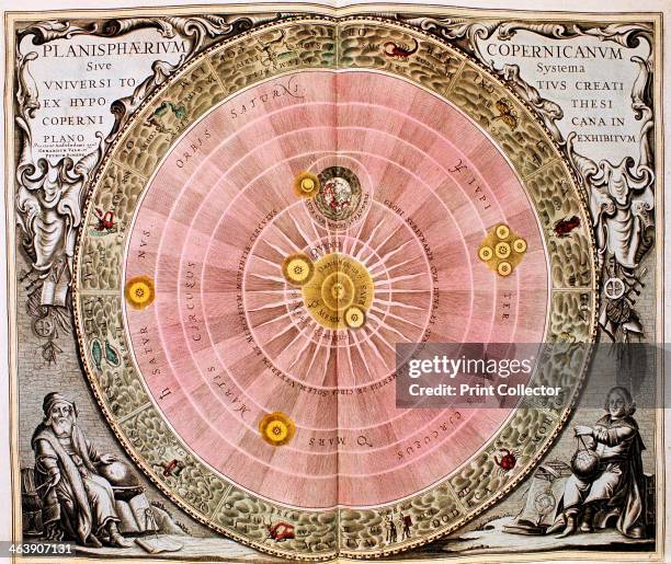 Copernican sun-centred system of the universe, 1708. This shows the orbit of the Moon round the Earth, and the orbits of the Earth and planets round...