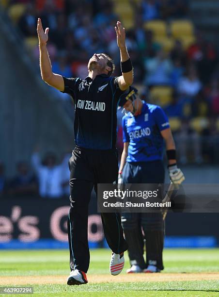 Tim Southee of New Zealand celebrates after taking a wicket of Steven Finn of England during the 2015 ICC Cricket World Cup match between England and...