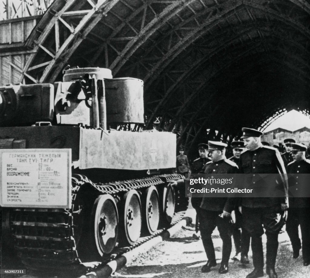 Russian generals inspecting an exposition of captured German armaments, Russia, 1943.