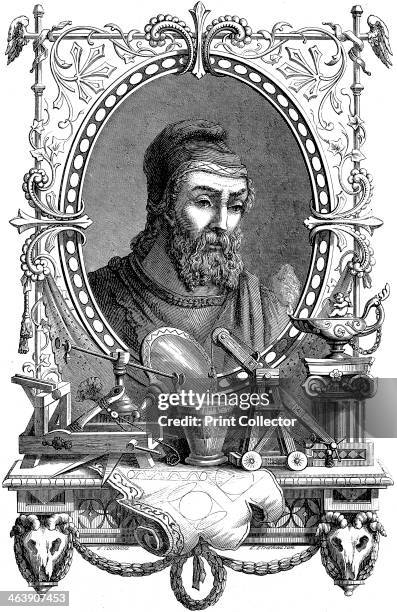 Archimedes , Ancient Greek mathematician and inventor, 1866. Artist's impression of him surrounded by his discoveries and inventions. Born in...