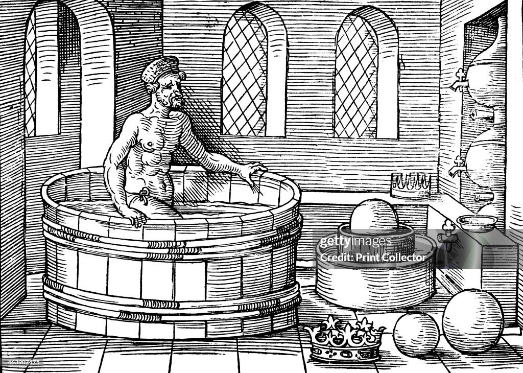 Archimedes (c287-212 BC), Ancient Greek mathematician and inventor, in his bath.