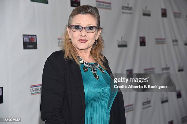 Honoree Carrie Fisher attends the US-Ireland Aliiance's Oscar Wilde Awards event at J.J. Abrams' Bad Robot on February 19, 2015 in Santa Monica,...