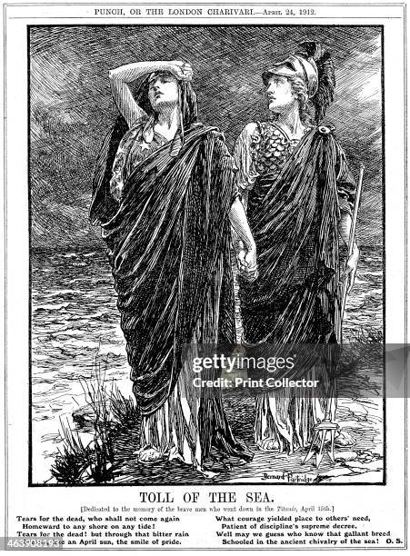 'Toll of the Sea', the sinking of the 'Titanic', 1912. Cartoon showing Britannia and America supporting each other in grief. The SS Titanic, operated...