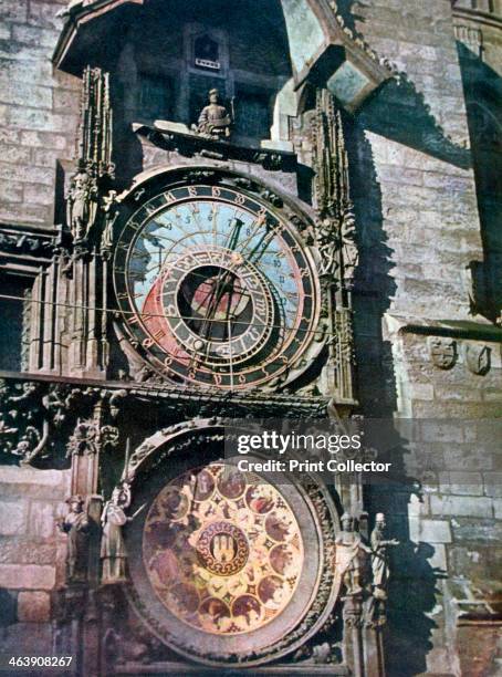 Astronomical clock, Old Town Hall, Prague, 1943. Dating from the early 15th century, it is also known as the Prague Orloj. A print from Signal,...