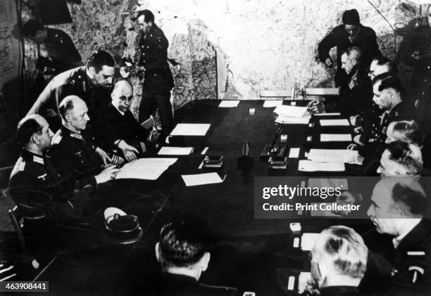 Surrender of Nazi Germany, Reims, France, 7 May 1945. General Alfred Jodl, the German Chief of Staff being presented with the document confirming...