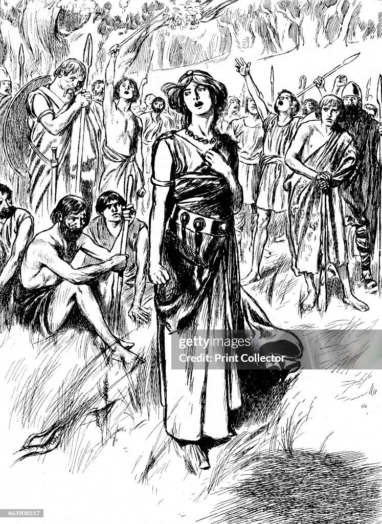Boudicca (Boadicea) lst century British queen of the Iceni, rallying her troops, c1900.