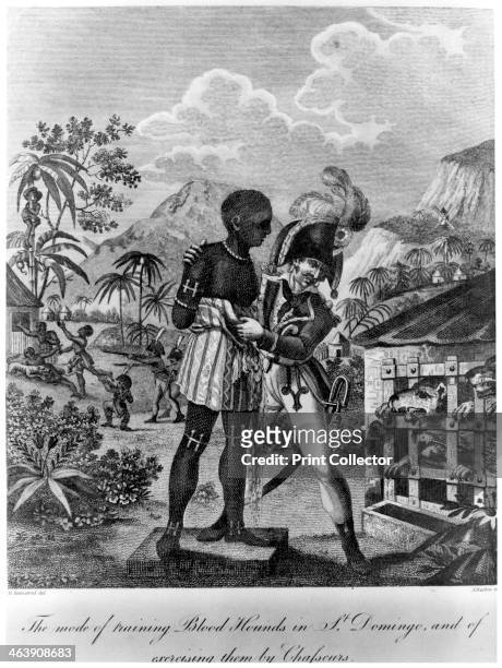 The Mode of training Blood Hounds in St Domingo and of exercising them by Chasseurs, 1805. A French soldier showing a negro slave to a pack of caged...