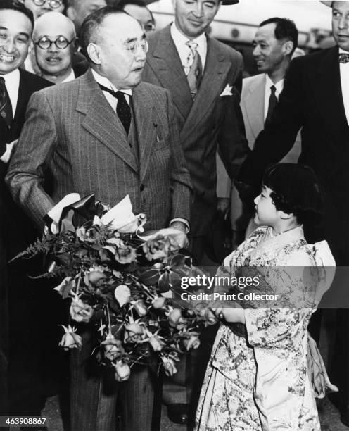 Shigeru Yoshida arrives at the San Francisco Peace Treaty, USA, April 1952. Yoshida was Prime Minister of Japan at the time. The Treaty, between...