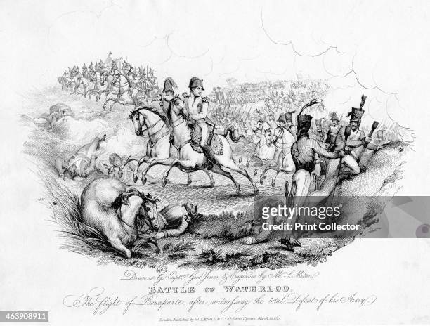 'Battle of Waterloo', Belgium, 1815 . Napoleon French soldier and emperor, fleeing from the battlefield of Waterloo after his defeat by the British...