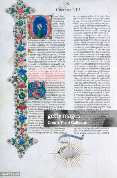 Illuminated manuscript page from Decameron, by Giovanni Boccaccio, Italian, c1467. Illuminated by Taddeo Crivelli for Teofilo Calcagnini. Giornata 8....