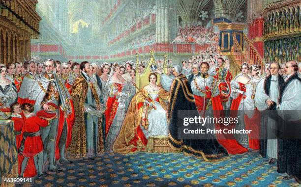 Queen Victoria's coronation, 1837 . The Archbishop of Canterbury placing the crown on Victoria's head in Westminster Abbey, 28 June 1837.