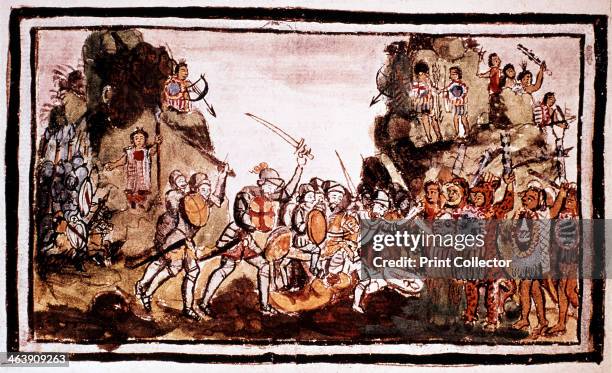 Hernando Cortes , Spanish conquistador, attacking natives in Mexico. Cortes landed in Mexico in 1519. With a force of only some 600 men, he succeeded...