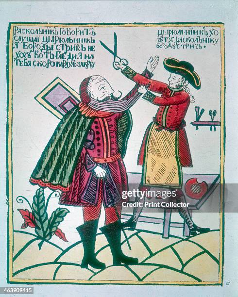 Peter I, the Great , Tsar of Russia, cutting a Boyar's beard. Peter became Tsar in 1682. He embarked on a campaign to modernise and Europeanise...