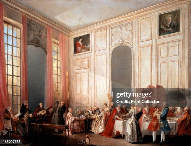 'English Tea Party with the Prince of Conti at the Temple', 1766. The young Wolfgang Amadeus Mozart is seated at the clavichord at the left of the...