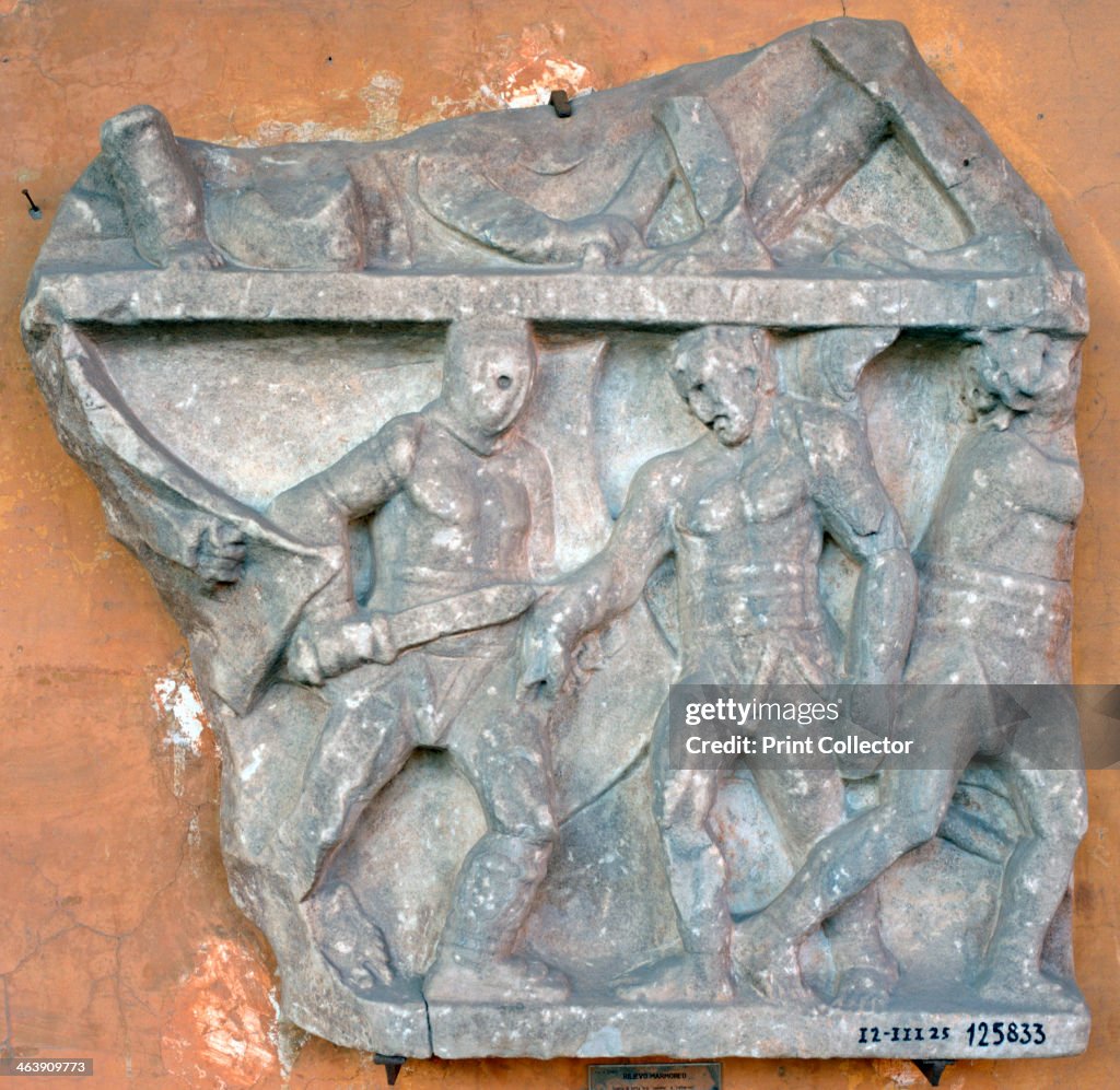 A bas-relief of a fight between Secutor and Retiarius, 3rd century, Rome.