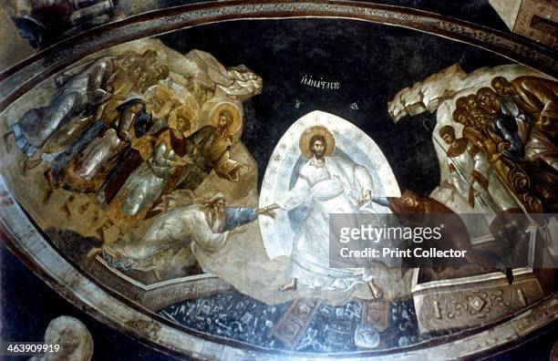 'Anastasis', fresco in the parekklesion of Church of Christ in Chora, c1310-c1320. Christ, surrounded by mandorla, helps Adam and Eve from their...