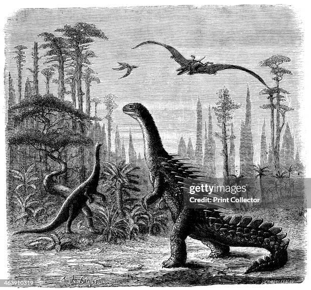 Ideal Jurassic landscape in America, 1884. From fossil evidence, Othniel Marsh imagined a scene during the late Jurassic epoch 163 to 161 million...