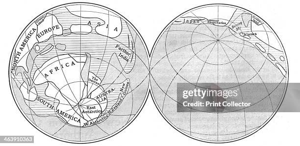 Diagram of the Earth during the Carboniferous period, 1922. Land is represented by the unshaded areas, deep sea by the areas shaded with diagonal...