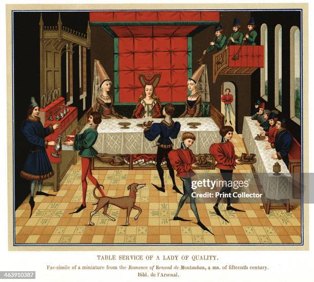 'Table Service of a Lady of Quality'; French noblewoman dining with members of her household, 15th century. The noblewoman is being waited on by...