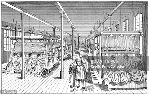 Women workers in a carpet factory, c1895. Electric lights with incandescent bulbs hang over each loom to supplement natural lighting and enable the...