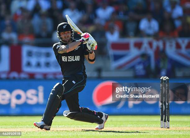 Brendon McCullum of New Zealand plays a shot during the 2015 ICC Cricket World Cup match between England and New Zealand at Wellington Regional...