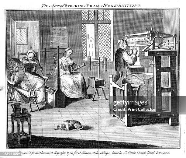 Stocking frame workshop, 1750. Women winding and reeling the yarn, and a man working the knitting frame. From The Universal Magazine, London, 1750.