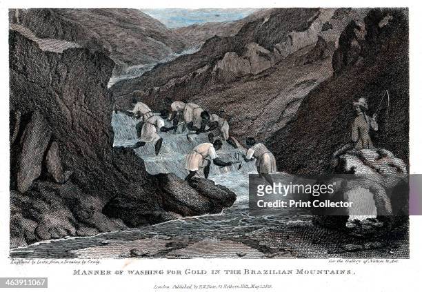 'Manner of Washing for Gold in the Brazilian Mountains', 1814. Negro slaves washing for alluvial gold watched over by a slave master brandishing a...