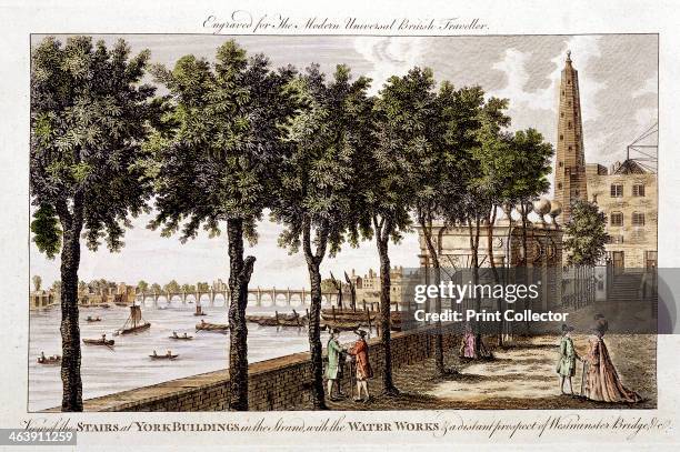 Waterworks at York Buildings, Strand, supplying water to London from the Thames, 1790. Westminster Bridge can be seen in the background. The...