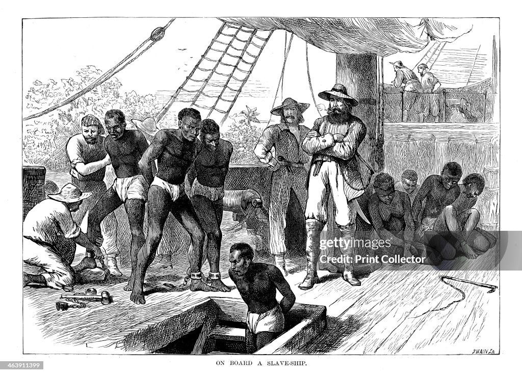 Captives being brought on board a slave ship on the West Coast of Africa (Slave Coast), c1880.