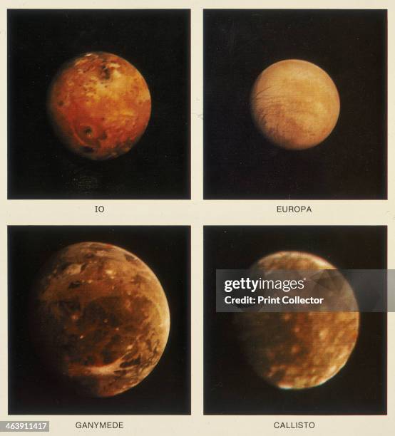 Four moons of Jupiter. Io, Europa, Ganymede and Callisto, 1979. Four separate pictures of these moons taken from Voyager 1. Two Voyager spacecraft...