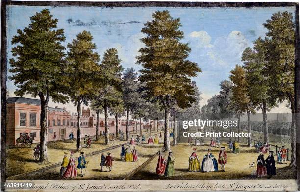 St James' Palace and Park, London, showing formal planting of trees in avenues, 1750. Men and women take the air and saunter along the walks in...