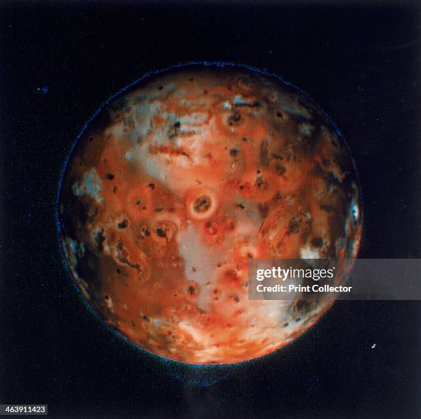 Full view of Io, one of the moons of Jupiter, 1979. Taken from the Voyager 1, this moon was named the pizza moon because of its mottled appearance....