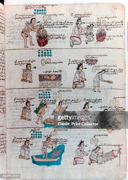 Aztec education of boys and girls . Boys are shown being punished by a father who holds him over a fire of burning chillies while lecturing him,...
