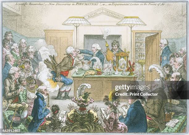 Chemical lecture; 'Scientific Researches! - New Discoveries in Pneumaticks! or - an Experimental Lecture on the Powers of Air!', 1802. A shocked...