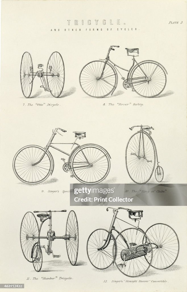 Six early forms of bicycles and tricycles, 19th century.