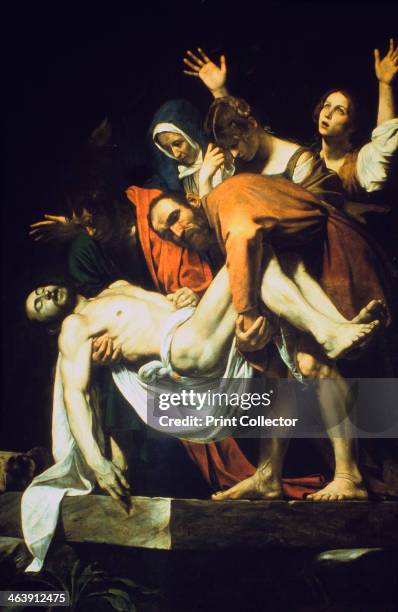 'The Laying in the Tomb' , 1602-1604. Mary of Clopas with her arms raised; Mary Magdalene with bowed head; Nicodemus grasps the legs of the dead...