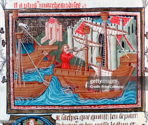 Indian sailing ships described by Marco Polo, 15th century. The ships are cogs, the general European trading vessels of the time. The figure in the...