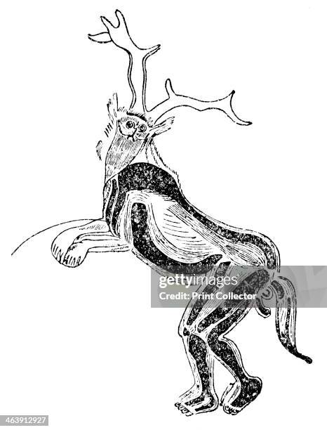 The Sorcerer, Medicine Man, or Shaman. Late 19th century design after a Paleolithic or Old Stone Age image on the wall in the Trois Freres cave near...