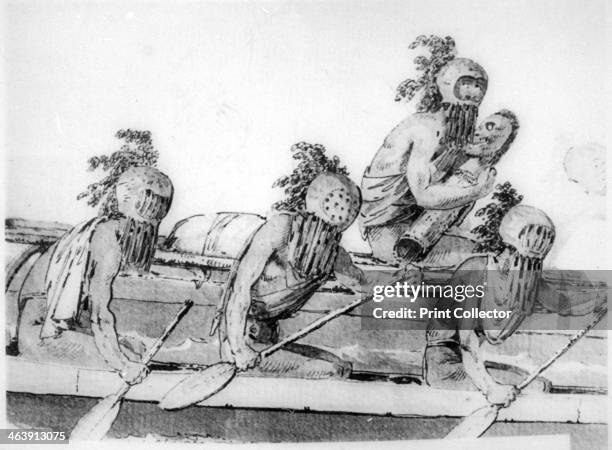 Double canoe with oarsmen, Hawaii, 18th century. The men are wearing gourd masks. The passenger is holding an idol.