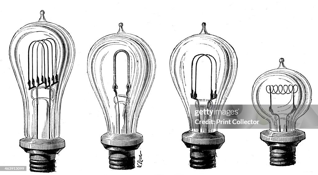 Edison's incandescent lamps showing various forms of carbon filament, 1883.